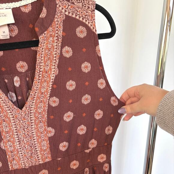 Boho Tiered Prairie Sleeveless Maxi Dress Brown Countryside Earth Girl Medium - Picture 6 of 9